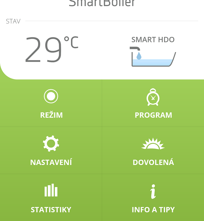 Domovská obrazovka aplikace SmartBoiler