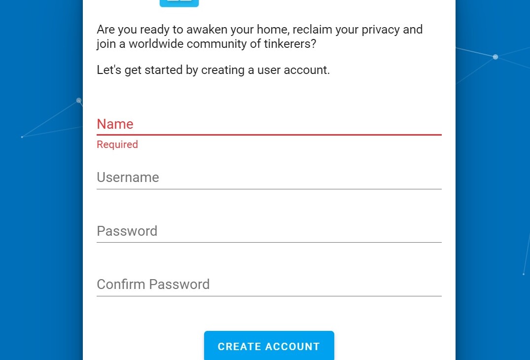 Formulář pro údaje správce při prvním spuštění Home Assistant