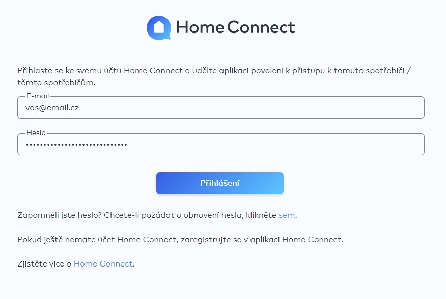 Přihlášení na běžný Home Connect účet