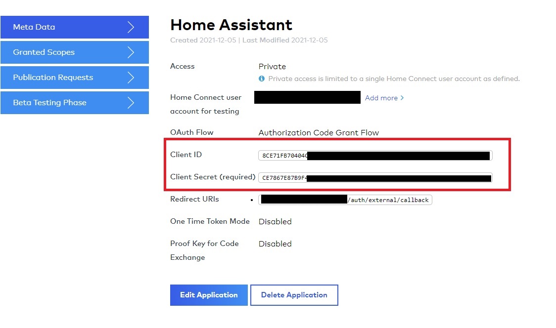 Client ID a Client Secret v nově vytvořené Home Connect aplikaci