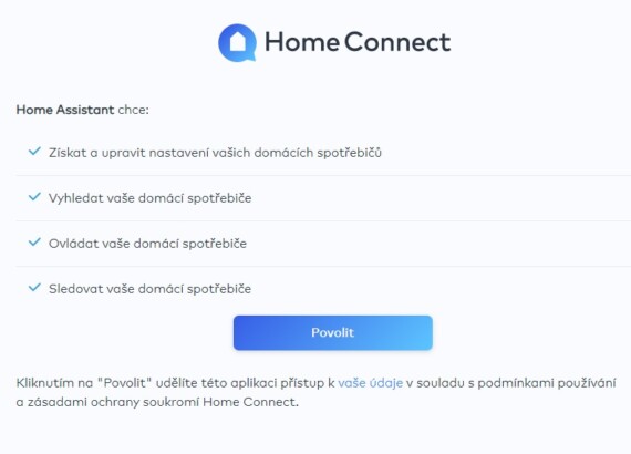 Povolení přístupu Home Assistant do Home Connect