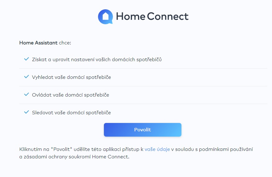 Povolení přístupu Home Assistant do Home Connect